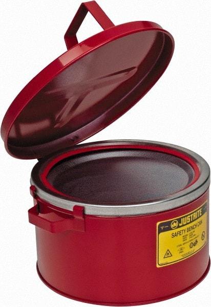 Justrite - 2 Gallon Capacity, Coated Steel, Red Bench Can - 5-7/8 Inch High x 11-1/2 Inch Diameter, 9-3/4 Inch Dasher Diameter - Exact Tool & Supply