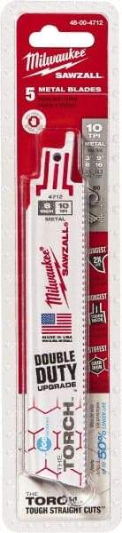 Milwaukee Tool - 6" Long x 1" Thick, Bi-Metal Reciprocating Saw Blade - Straight Profile, 10 TPI, Toothed Edge, Universal Shank - Exact Tool & Supply