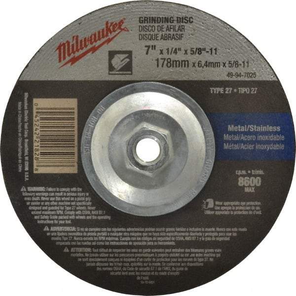 Milwaukee Tool - 24 Grit, 7" Wheel Diam, 1/4" Wheel Thickness, Type 27 Depressed Center Wheel - Aluminum Oxide, Resinoid Bond, R Hardness, 8,600 Max RPM, Compatible with Angle Grinder - Exact Tool & Supply