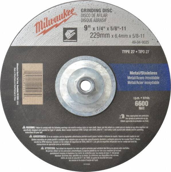 Milwaukee Tool - 24 Grit, 9" Wheel Diam, 1/4" Wheel Thickness, Type 27 Depressed Center Wheel - Aluminum Oxide, Resinoid Bond, R Hardness, 6,600 Max RPM, Compatible with Angle Grinder - Exact Tool & Supply