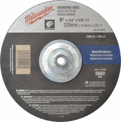 Milwaukee Tool - 24 Grit, 9" Wheel Diam, 1/4" Wheel Thickness, Type 27 Depressed Center Wheel - Aluminum Oxide, Resinoid Bond, R Hardness, 6,600 Max RPM, Compatible with Angle Grinder - Exact Tool & Supply