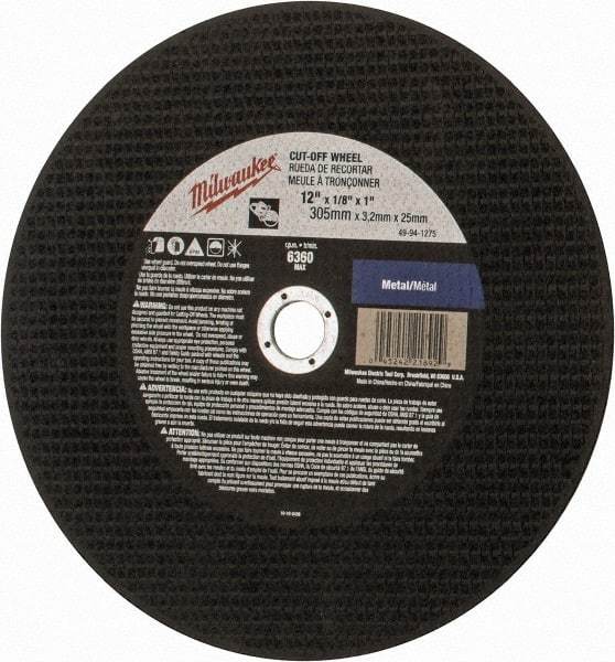 Milwaukee Tool - 12" 24 Grit Aluminum Oxide Cutoff Wheel - 1/8" Thick, 1" Arbor, 6,360 Max RPM, Use with Angle Grinders - Exact Tool & Supply