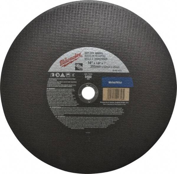 Milwaukee Tool - 14" 24 Grit Aluminum Oxide Cutoff Wheel - 1/8" Thick, 1" Arbor, 5,400 Max RPM, Use with Angle Grinders - Exact Tool & Supply