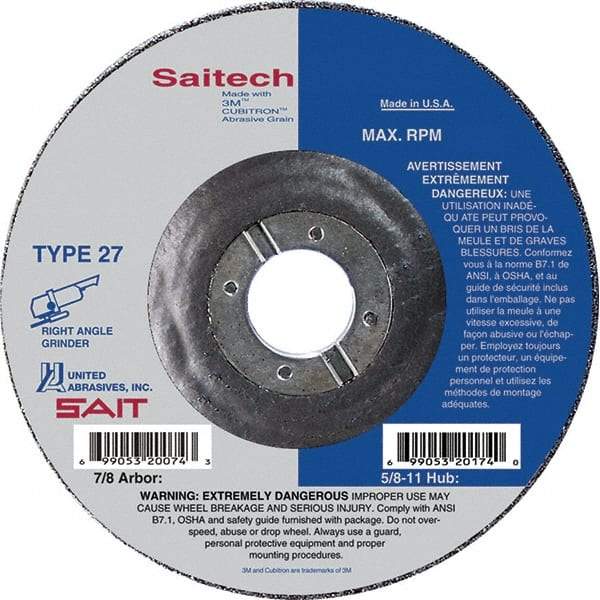 Sait - 4-1/2" Wheel Diam, 1/4" Wheel Thickness, 7/8" Arbor Hole, Type 27 Depressed Center Wheel - Ceramic, Resinoid Bond, 13,300 Max RPM, Compatible with Angle Grinder - Exact Tool & Supply