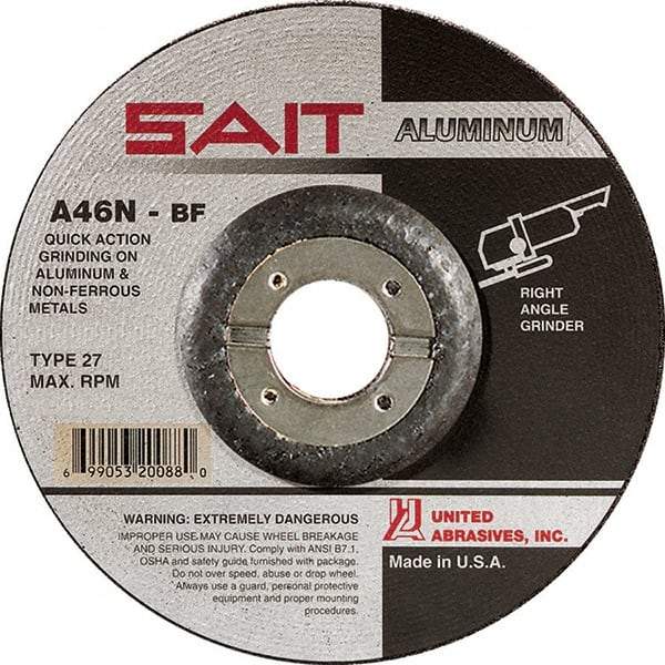 Sait - 46 Grit, 7" Wheel Diam, 1/4" Wheel Thickness, 7/8" Arbor Hole, Type 27 Depressed Center Wheel - Aluminum Oxide, Resinoid Bond, N Hardness, 8,500 Max RPM, Compatible with Angle Grinder - Exact Tool & Supply