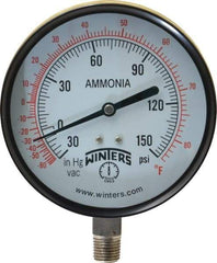Winters - 4" Dial, 1/4 Thread, 30-0-150 Scale Range, Pressure Gauge - Lower Connection Mount, Accurate to 3-2-3% of Scale - Exact Tool & Supply