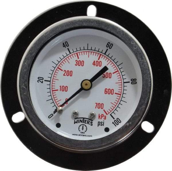 Winters - 2-1/2" Dial, 1/4 Thread, 0-100 Scale Range, Pressure Gauge - Front Flange Panel Mount, Center Back Connection Mount, Accurate to 1.5% of Scale - Exact Tool & Supply