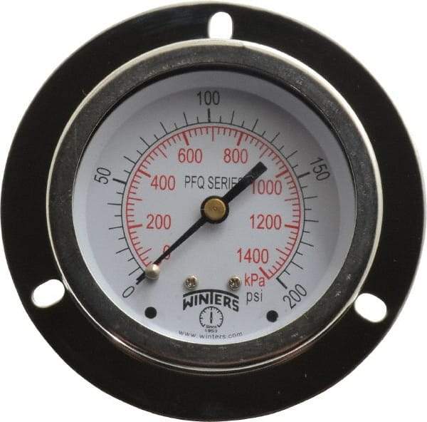 Winters - 2-1/2" Dial, 1/4 Thread, 0-200 Scale Range, Pressure Gauge - Front Flange Panel Mount, Center Back Connection Mount, Accurate to 1.5% of Scale - Exact Tool & Supply