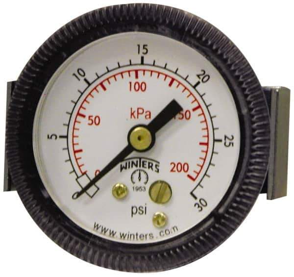 Winters - 2" Dial, 1/8 Thread, 0-30 Scale Range, Pressure Gauge - U-Clamp Panel Mount, Center Back Connection Mount, Accurate to 2.5% of Scale - Exact Tool & Supply