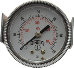 Winters - 2" Dial, 1/8 Thread, 0-60 Scale Range, Pressure Gauge - U-Clamp Panel Mount, Center Back Connection Mount, Accurate to 2.5% of Scale - Exact Tool & Supply