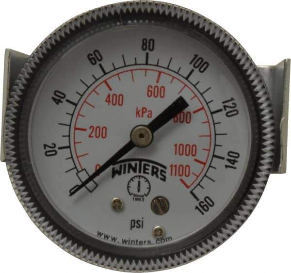Winters - 2" Dial, 1/8 Thread, 0-160 Scale Range, Pressure Gauge - U-Clamp Panel Mount, Center Back Connection Mount, Accurate to 2.5% of Scale - Exact Tool & Supply
