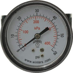 Winters - 2-1/2" Dial, 1/4 Thread, 0-60 Scale Range, Pressure Gauge - U-Clamp Panel Mount, Center Back Connection Mount, Accurate to 2.5% of Scale - Exact Tool & Supply