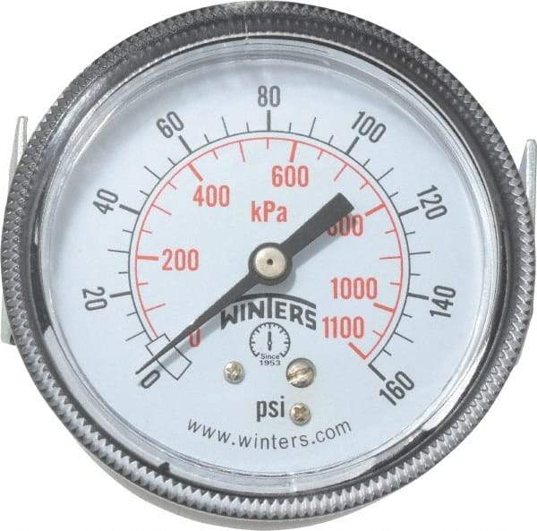 Winters - 2-1/2" Dial, 1/4 Thread, 0-160 Scale Range, Pressure Gauge - U-Clamp Panel Mount, Center Back Connection Mount, Accurate to 2.5% of Scale - Exact Tool & Supply
