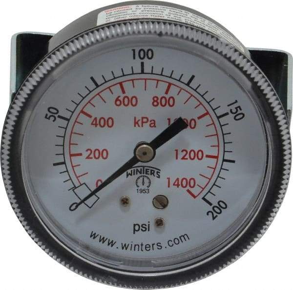 Winters - 2-1/2" Dial, 1/4 Thread, 0-200 Scale Range, Pressure Gauge - U-Clamp Panel Mount, Center Back Connection Mount, Accurate to 2.5% of Scale - Exact Tool & Supply