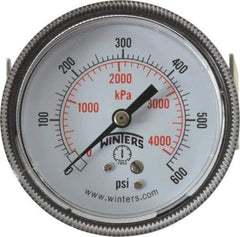 Winters - 2-1/2" Dial, 1/4 Thread, 0-600 Scale Range, Pressure Gauge - U-Clamp Panel Mount, Center Back Connection Mount, Accurate to 2.5% of Scale - Exact Tool & Supply