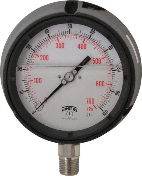 Winters - 4-1/2" Dial, 1/2 Thread, 0-100 Scale Range, Pressure Gauge - Lower Connection Mount, Accurate to 0.5% of Scale - Exact Tool & Supply