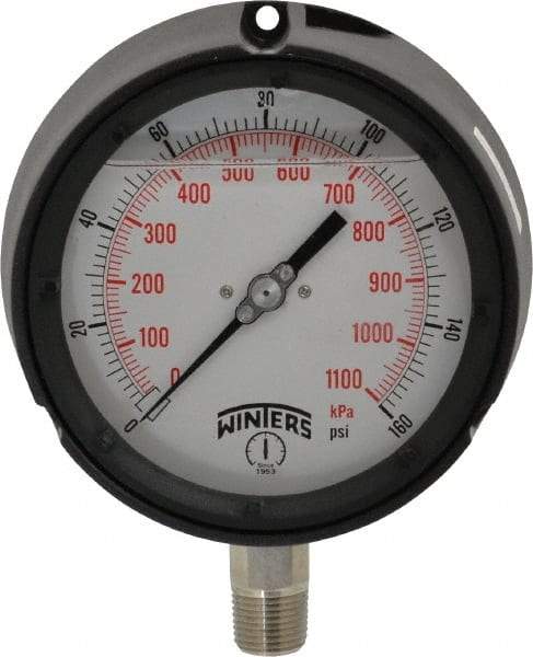 Winters - 4-1/2" Dial, 1/2 Thread, 0-160 Scale Range, Pressure Gauge - Lower Connection Mount, Accurate to 0.5% of Scale - Exact Tool & Supply