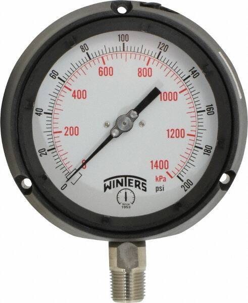 Winters - 4-1/2" Dial, 1/2 Thread, 0-200 Scale Range, Pressure Gauge - Lower Connection Mount, Accurate to 0.5% of Scale - Exact Tool & Supply