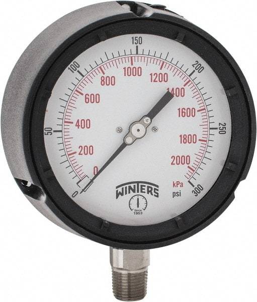 Winters - 4-1/2" Dial, 1/2 Thread, 0-300 Scale Range, Pressure Gauge - Lower Connection Mount, Accurate to 0.5% of Scale - Exact Tool & Supply