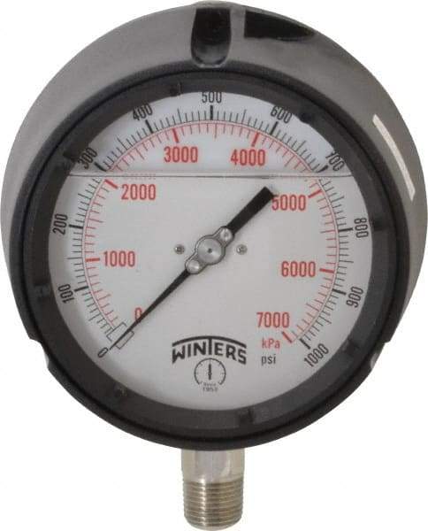 Winters - 4-1/2" Dial, 1/2 Thread, 0-1,000 Scale Range, Pressure Gauge - Lower Connection Mount, Accurate to 0.5% of Scale - Exact Tool & Supply