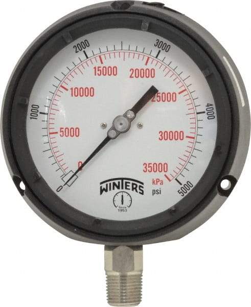Winters - 4-1/2" Dial, 1/2 Thread, 0-5,000 Scale Range, Pressure Gauge - Lower Connection Mount, Accurate to 0.5% of Scale - Exact Tool & Supply