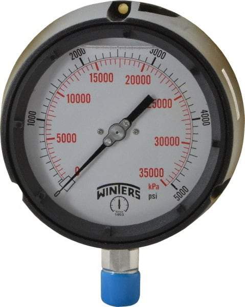 Winters - 4-1/2" Dial, 1/2 Thread, 0-5,000 Scale Range, Pressure Gauge - Lower Connection Mount, Accurate to 0.5% of Scale - Exact Tool & Supply