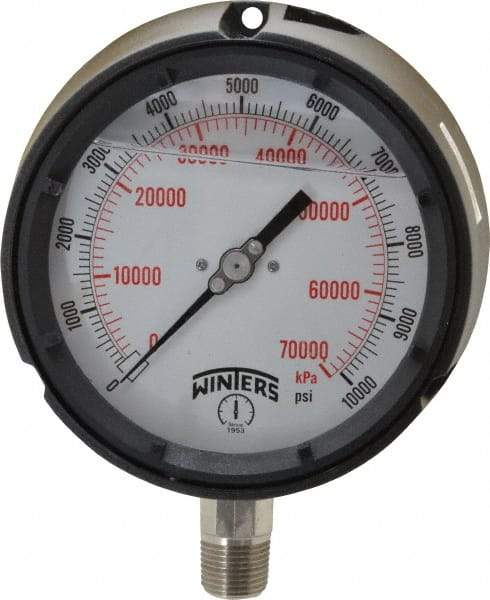 Winters - 4-1/2" Dial, 1/2 Thread, 0-10,000 Scale Range, Pressure Gauge - Lower Connection Mount, Accurate to 0.5% of Scale - Exact Tool & Supply