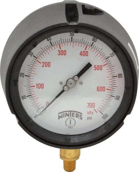 Winters - 4-1/2" Dial, 1/4 Thread, 0-100 Scale Range, Pressure Gauge - Lower Connection Mount, Accurate to 0.5% of Scale - Exact Tool & Supply