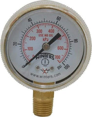 Winters - 1/4 Inch NPT, 75 Max psi, Brass Case Cylinder Pressure Gauge - 2 Inch Dial Diameter, 0 to 100 psi Display Range - Exact Tool & Supply