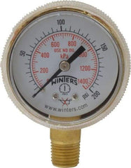 Winters - 1/4 Inch NPT, 150 Max psi, Brass Case Cylinder Pressure Gauge - 2 Inch Dial Diameter, 0 to 200 psi Display Range - Exact Tool & Supply