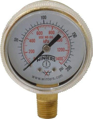 Winters - 1/4 Inch NPT, 3,000 Max psi, Brass Case Cylinder Pressure Gauge - 2 Inch Dial Diameter, 0 to 4000 psi Display Range - Exact Tool & Supply