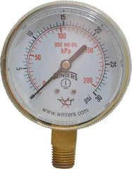 Winters - 1/4 Inch NPT, 22.5 Max psi, Brass Case Cylinder Pressure Gauge - 2-1/2 Inch Dial Diameter, 0 to 30 psi Display Range - Exact Tool & Supply