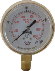 Winters - 1/4 Inch NPT, 150 Max psi, Brass Case Cylinder Pressure Gauge - 2-1/2 Inch Dial Diameter, 0 to 200 psi Display Range - Exact Tool & Supply