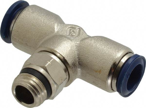 Value Collection - 3/8" Outside Diam, 1/4 Universal, Nickel Plated Brass Push-to-Connect Tube Male Swivel Branch Tee - 250 Max psi, Tube to Universal Thread Connection, Buna O-Ring - Exact Tool & Supply