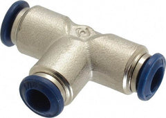 Value Collection - 1/4" Outside Diam, Nickel Plated Brass Push-to-Connect Tube Union Tee - 250 Max psi, Tube to Tube Connection, Buna O-Ring - Exact Tool & Supply
