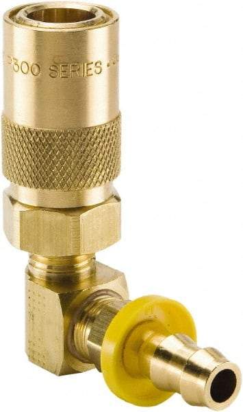 Parker - Nonthreaded Brass Hydraulic Hose Push-Lok Hose Barb Coupler & 90° Fitting - 200 psi, 3 GPM, 3/8" Hose Diam, Series Moldmate - Exact Tool & Supply