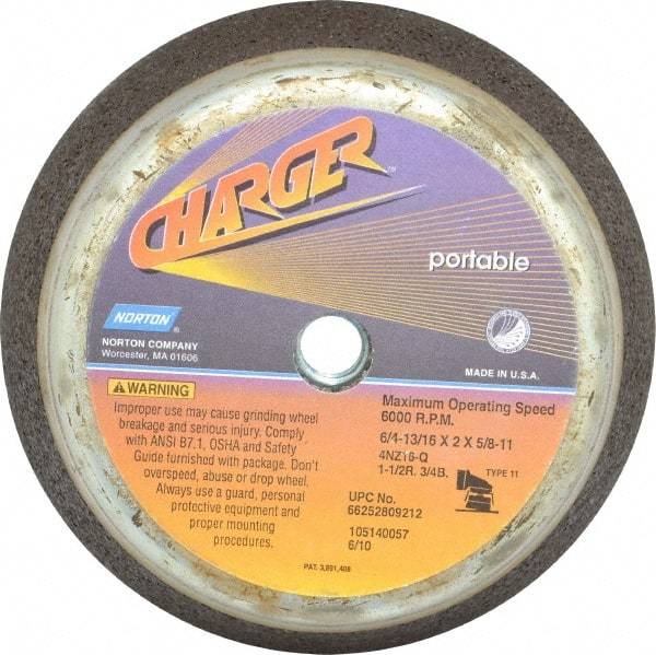 Norton - 6" Diam, 2" Overall Thickness, 16 Grit, Type 11 Tool & Cutter Grinding Wheel - Very Coarse Grade, Zirconia Alumina, Q Hardness, 6,000 RPM - Exact Tool & Supply