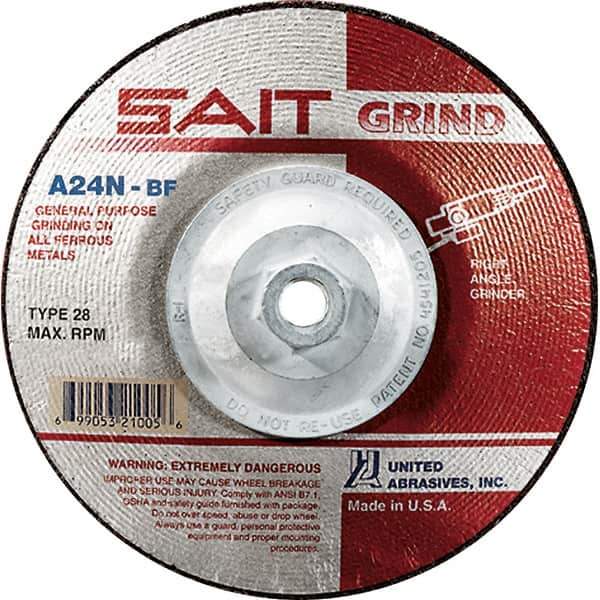 Sait - 24 Grit, 4-1/2" Wheel Diam, 1/4" Wheel Thickness, Type 28 Depressed Center Wheel - Aluminum Oxide, Resinoid Bond, N Hardness, 13,300 Max RPM, Compatible with Angle Grinder - Exact Tool & Supply