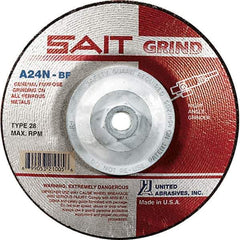 Sait - 24 Grit, 4-1/2" Wheel Diam, 1/4" Wheel Thickness, Type 28 Depressed Center Wheel - Aluminum Oxide, Resinoid Bond, N Hardness, 13,300 Max RPM, Compatible with Angle Grinder - Exact Tool & Supply
