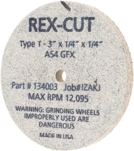 Rex Cut Product - 3" Diam x 1/4" Hole x 1/4" Thick, 54 Grit Surface Grinding Wheel - Aluminum Oxide, Type 1, Coarse Grade, 12,095 Max RPM, Rubber Bond, No Recess - Exact Tool & Supply