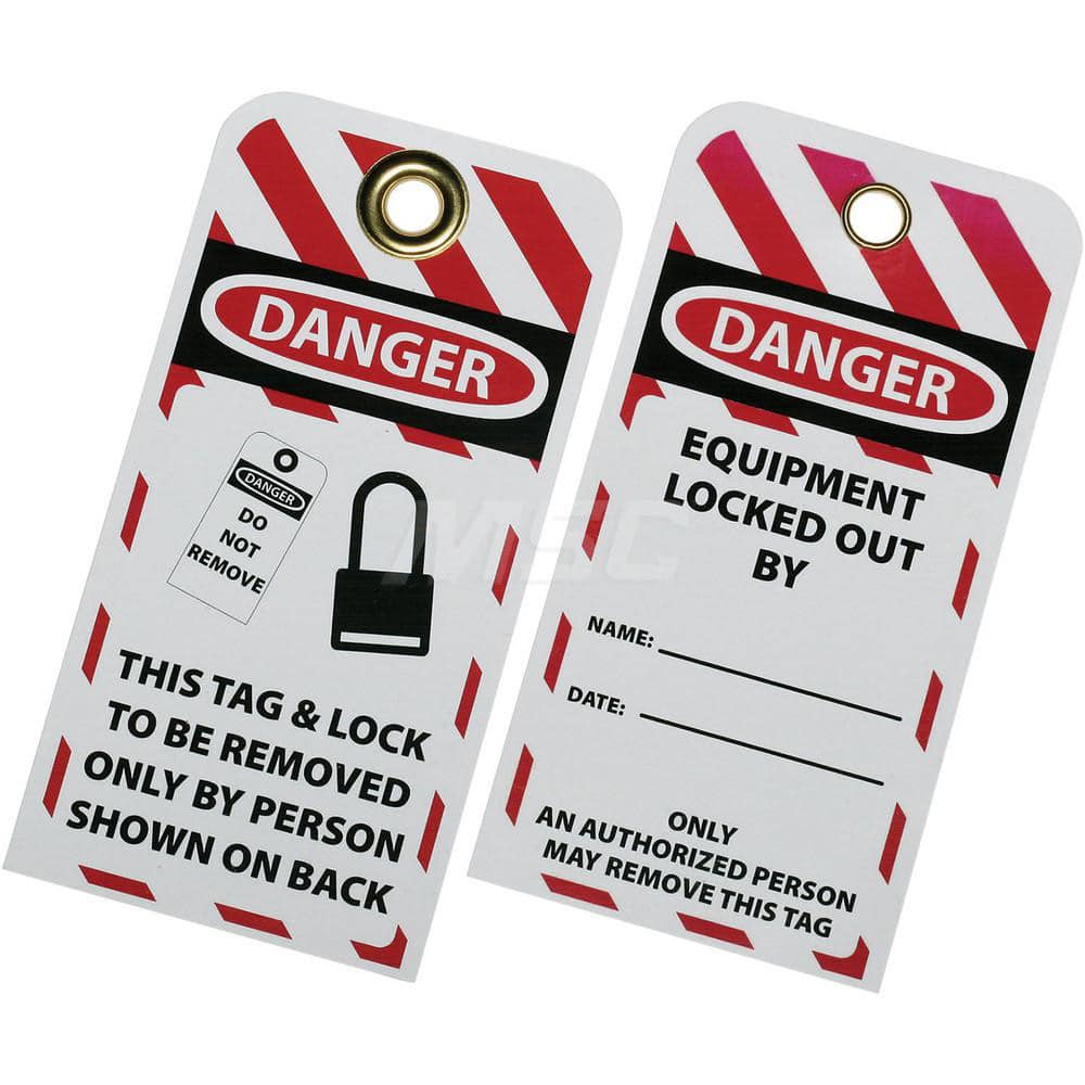 Ability One - Safety & Facility Tags; Message Type: Lockout Tag ; Header: DANGER ; Front Legend: THIS TAG & LOCK TO BE REMOVED ONLY BY PERSON SHOWN ON BACK ; Back Legend: EQUIPMENT LOCKED OUT BY _____ DATE ______ ; Material Type: Plastic ; Language: Engl - Exact Tool & Supply