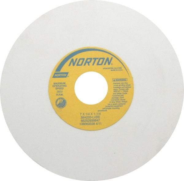 Norton - 7" Diam x 1-1/4" Hole x 1/4" Thick, L Hardness, 220 Grit Surface Grinding Wheel - Aluminum Oxide, Type 1, Very Fine Grade, 3,600 Max RPM, Vitrified Bond, No Recess - Exact Tool & Supply