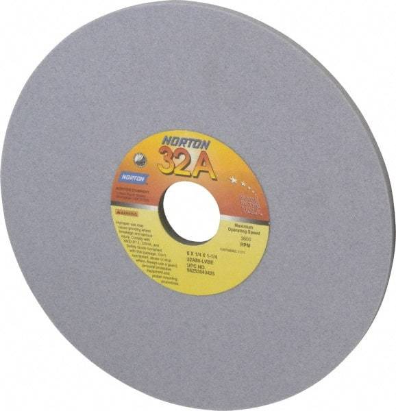 Norton - 8" Diam x 1-1/4" Hole x 1/4" Thick, L Hardness, 80 Grit Surface Grinding Wheel - Aluminum Oxide, Type 1, Medium Grade, 3,600 Max RPM, Vitrified Bond, No Recess - Exact Tool & Supply