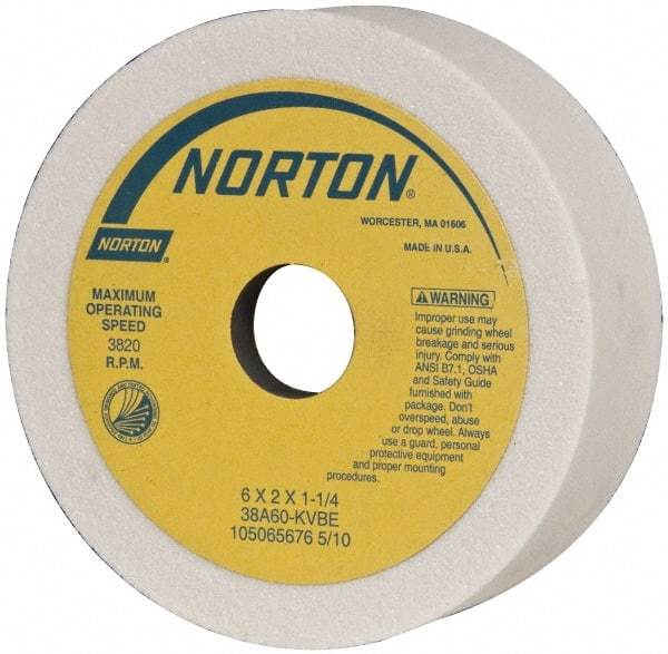 Norton - 6" Diam, 1-1/4" Hole Size, 2" Overall Thickness, 60 Grit, Type 6 Tool & Cutter Grinding Wheel - Medium Grade, Aluminum Oxide, K Hardness, Vitrified Bond, 3,820 RPM - Exact Tool & Supply