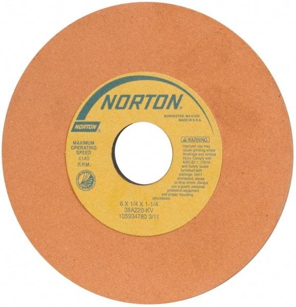 Norton - 6" Diam x 1-1/4" Hole x 1/4" Thick, K Hardness, 220 Grit Surface Grinding Wheel - Aluminum Oxide, Very Fine Grade, 4,140 Max RPM, Vitrified Bond - Exact Tool & Supply