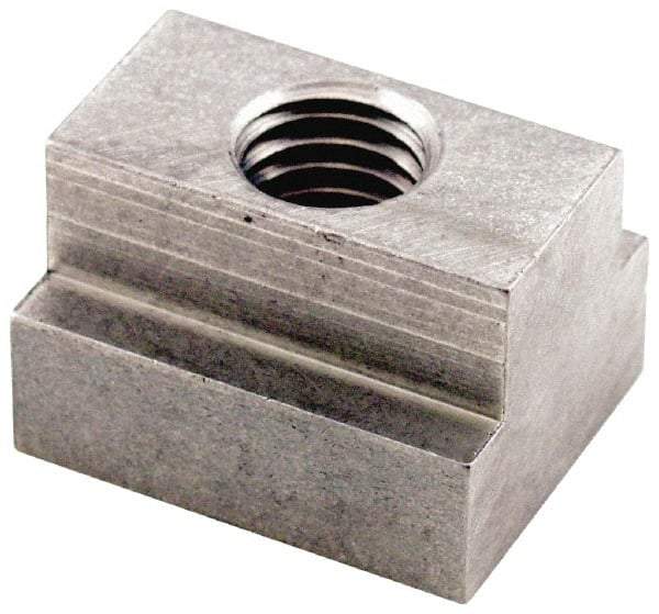 Jergens - 3/8-16 Tapped Through T Slot Nut - 7/16" Slot Width, 3/4 x 7/32" Base Width x Height, 1 x 1/2" OAL x Height - Exact Tool & Supply