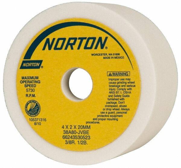 Norton - 4" Diam, 20mm Hole Size, 2" Overall Thickness, 80 Grit, Type 6 Tool & Cutter Grinding Wheel - Medium Grade, Aluminum Oxide, J Hardness, Vitrified Bond, 5,730 RPM - Exact Tool & Supply