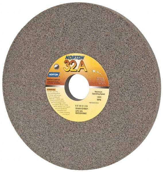 Norton - 8" Diam x 1-1/4" Hole x 1/2" Thick, G Hardness, 60 Grit Surface Grinding Wheel - Aluminum Oxide, Type 1, Medium Grade, 3,600 Max RPM, Vitrified Bond, No Recess - Exact Tool & Supply