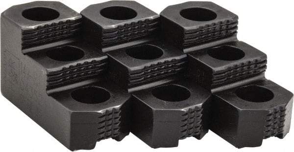 H & R Manufacturing - 8" Max Chuck Diam Compatibility, Case Hardened Steel 1.5mm x 60° Serrated Hard Lathe Top Jaws - 2 Steps, 0.551" Groove Width, 1-1/2" Wide x 3-1/2" Long x 1.969" High - Exact Tool & Supply