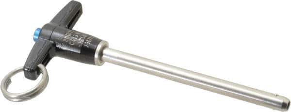 Jergens - 1/4" Diam, 3" Usable Length, T Handle, Push Button Quick Release Pin - 4-1/2" Overall Length, Grade 17-4 Stainless Steel, Passivated Finish - Exact Tool & Supply